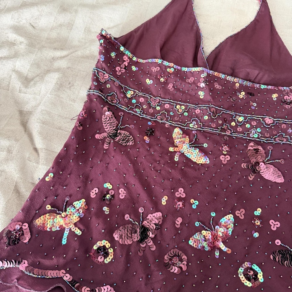 VTG Y2K Bebe Sequin Butterfly Tank Top S Purple Halter Chiffon Party Cami Beaded - Picture 9 of 12